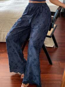 DAZY Women's Romantic 3D Floral Jacquard Pajama Pants - Navy Blue - View 5