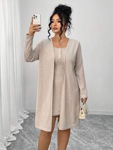 SHEIN PETITE CURVE Bộ 2 món áo khoác cardigan tay dài màu trơn có gân và đầm không tay thường ngày cho nữ cỡ lớn - Màu be - Xem 5