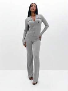 BABYPHAT Áo thun dài tay có khóa kéo in chữ và họa tiết gân cho trang phục thường ngày - Xám - Xem 2