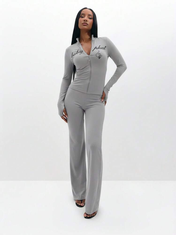 BABYPHAT Long Sleeve Zip Up Top With Script Print And Ribbed Texture For Casual Everyday Wear