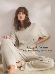 Ocili Leisure Soft Waffle Knit Mid-Sleeve Pants Pajama Set For Women, Comfortable & Chic Autumn/Winter