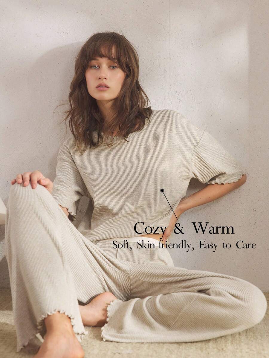Ocili Leisure Soft Waffle Knit Mid-Sleeve Pants Pajama Set For Women, Comfortable & Chic Autumn/Winter