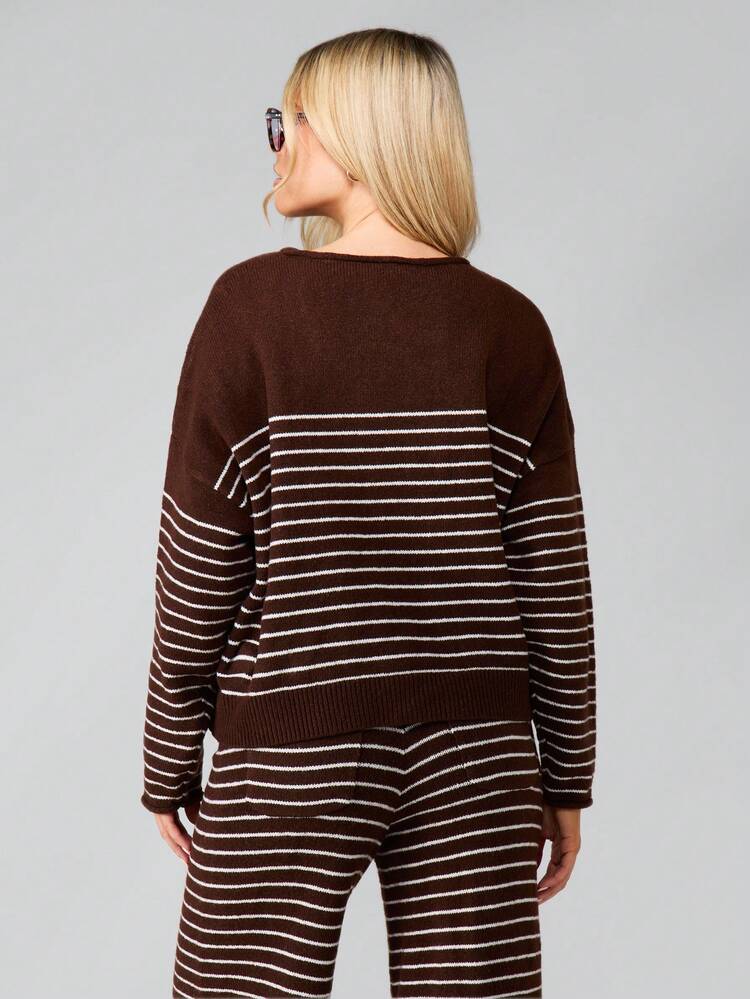 MISSGUIDED Striped Button Detail Knitted Jumper Long Sleeve Ribbed Sweater Fall Winter Cozy Pullover