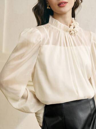 Cévolie 女士秋季新款优雅法式荷叶边领拼接3D立体花卉装饰半透明长袖衬衫