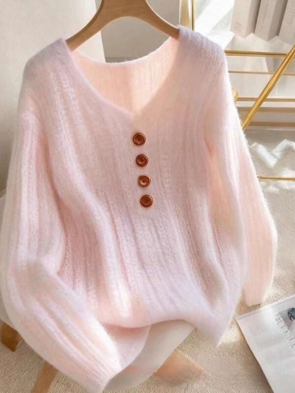 GlowEve New Elegant Button Decor Pullover Sweater, Minimalist European & American Style Fashion Knit Top
