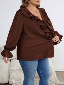 SHEIN CURVE+ Camicia da donna con volant, taglia comoda, adatta per le vacanze - Castano - Visualizzare 4