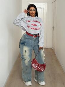 Maweii Sweat-shirt-shirt court sexy pour femmes, imprimé de lettres, grande taille, rouge de Noël, tenue de fête, printemps/automne - Gris - Voir 5