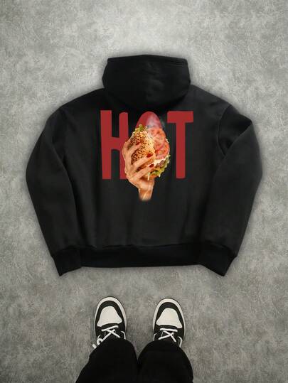 Manfinity ZONE917 Sudadera con capucha negra holgada de hombros caídos con estampado gráfico de hamburguesa y queso "HOT" sobredimensionada y corta, conjunto de pareja, regalo para el novio