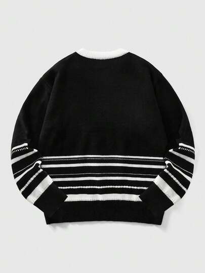 Men's V-Neck Jacquard Knit Sweater, Casual Loose Fit Long Sleeve