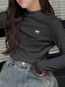 DAZY 女童圓領針織保暖內裡蝴蝶印花長袖上衣，秋季上衣 - 深灰色 - 查看 6