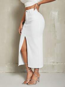 SHEIN SXY 纯色休闲修身开衩女式牛仔裙 - 白色 - 查看 6