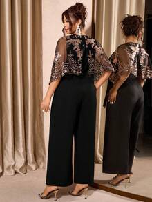Allurite Calças de macacão plus size femininas elegantes com patchwork de tule, bordados com miçangas na cintura e modelagem flare, ideais para o dia a dia, outono/inverno. - Multicolorido - Ver 2
