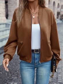 SHEIN LUNE Damska kurtka baseballowa w jednolitym kolorze z długimi rękawami i opadającymi ramionami, dwustronna, z kieszeniami bocznymi, jesienna brązowa kurtka damska, brązowa kurtka typu bomber, damska kurtka typu bomber, kurtki damskie, swobodna kurtka typu bomber