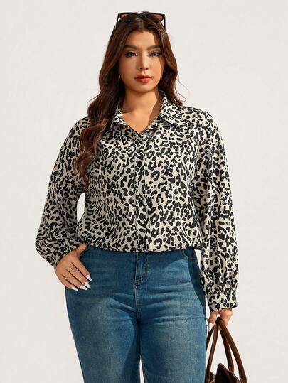 Elaquor Plus Size Women Leopard Print Long Sleeve Single-Breasted Casual Shirt