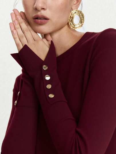 Lumivelle All-Match Round Neck Casual Versatile Long Sleeve Knit Undershirt Burgundy Tops Maroon Tops Dark Red Tops Wine Red Top Button Top