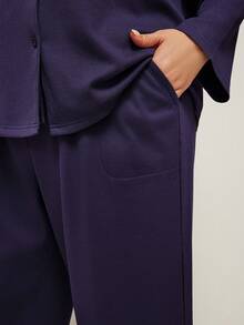 LUVLETTE Autumn And Winter Plus Size Women Soft Cotton Waffle Basic Button-Up Long-Sleeve & Long Pants Loungewear 2 Piece Pajama Set With Pockets Lingerie Pants With Pockets Fall Pajamas - Blue - View 5