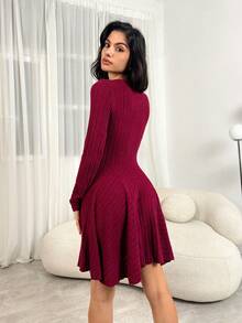 SHEIN Tall Váy ngắn tay dài cổ tròn màu trơn có gân dành cho ngày lễ tình nhân dành cho nữ/Màu đỏ tía, Trang phục năm mới cho nữ, Váy năm mới cho nữ, Váy dự tiệc năm mới, Váy cho nữ mùa đông - Màu Đỏ Sâu - Xem 2