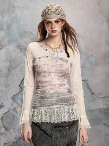 ROMWE EDITION Fairy Punk Rebellious Sheer Mesh Lace Rivet Splice Fitted Long Sleeve T-Shirt - Apricot - View 1