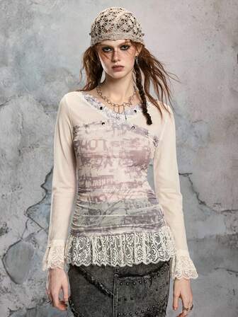 Fairycore Fairy Punk Rebellious Sheer Mesh Lace Rivet Splice Fitted Long Sleeve T-Shirt