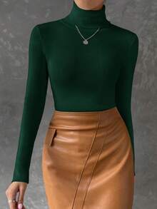 SHEIN Essnce Áo len cổ lọ tay dài ôm vừa vặn màu trơn dành cho nữ, Thu/Đông - Màu xanh lá cây đậm - Xem 4