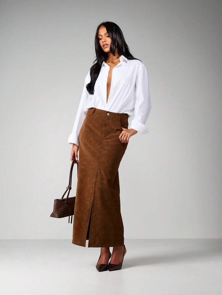 MISSGUIDED Corduroy High Waist Long Pencil Skirt With Front Slit For Fall Winter Office