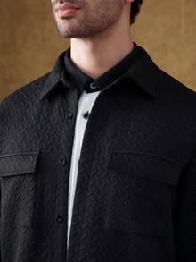 Manfinity Homme Men's Casual Black Autumn Basic Office Shirt,Versatile Commuter Contrast Color Collar Textured Workwear Pocket Long Sleeve Top,High-End Fitted Style - Black - View 3