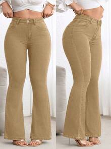 SHEIN CURVE+ Damen Große Größen Blaue Denim Elastische Sexy Anliegende Schlaghose, Cowgirl/Rodeo - Khaki - Übersicht 8