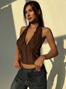 Aloruh Lace-Up Backless Halter Top For Women, Valentine For Women, Valentine For Women - Coffee Brown - View 3