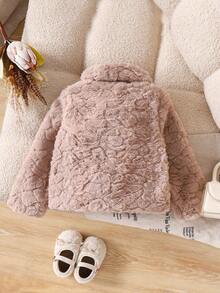 SHEIN Elladie kids Young Girl' Ivory Faux Fur Collar Long Sleeve Jacket, Fashionable, Warm, Versatile, Comfortable Winter Children's Short Coat - Grey - View 2