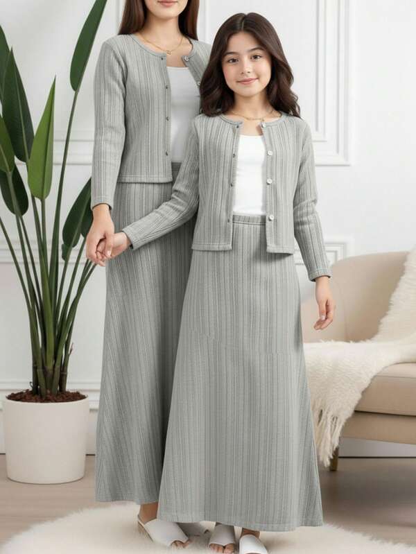 SHEIN Conjunto de 3 peças de blusa de manga comprida, camisola e saia evasê casual de tecido texturizado solto para meninas adolescentes