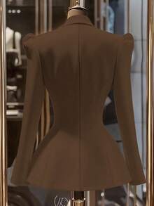 Franclia Áo khoác blazer nữ cổ bẻ tay bồng màu trơn cài hai hàng khuy thanh lịch - màu nâu - Xem 2