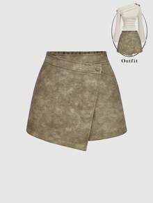 SHEIN MOD Pantalones cortos envolventes vintage desgastados para mujer, para otoño/invierno, otoño para mujer, Navidad, Año Nuevo, Acción de Gracias para mujer, colección retro y con estilo, casual, estilo casual de calle, mujer de vacaciones, falda pantalón de cuero - Caqui - Ver 6