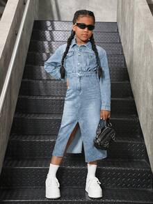 Sparklyn Girls' New Blue Washed Denim Dress With Front & Back Slits, Casual Fitted Style, Suitable For Daily Wear, Minimalist & Fashionable Design - Light Wash - View 6