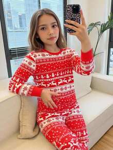 SHEIN 青少年女孩万圣节图案针织圆领上衣和紧身裤两件套睡衣套装 - 紅色 - 查看 3