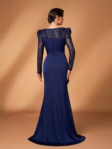 Serin 优雅奢华的藏蓝色珠饰亮片花卉薄纱长袖鱼尾长裙，侧开衩设计，适合婚礼、派对、度假、舞会、新娘母亲晚礼服等场合。 - 藏蓝色 - 查看 4