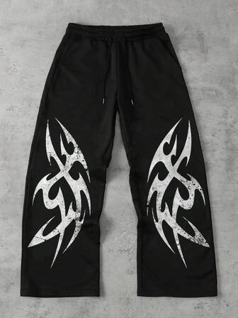 Goth Pantaloni casual larghi da uomo con stampa gotica, vita con coulisse e tasche