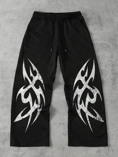 Street Life Pantalones de chándal holgados de pierna ancha con estampado gótico, cintura con cordón y bolsillos para hombre