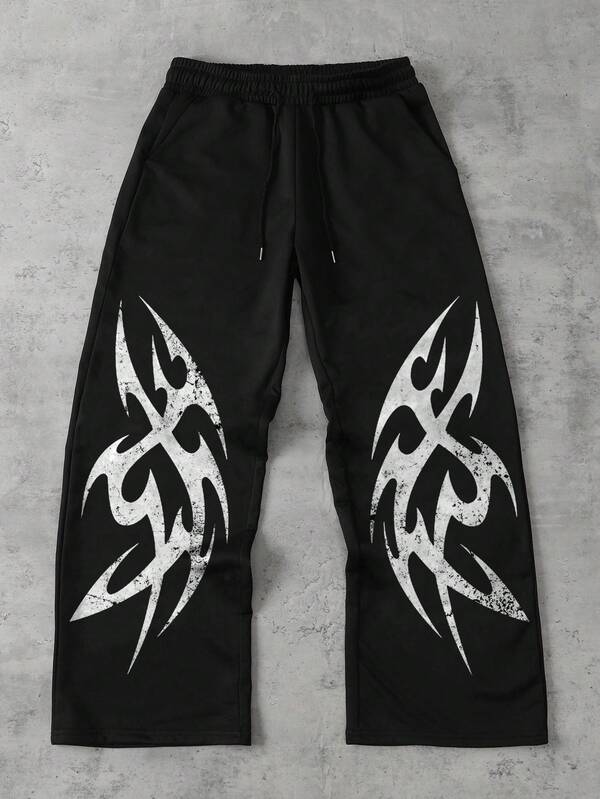 ROMWE MEN Goth Erkek Gotik Baskılı Bağcıklı Bel Cepli Geniş Paça Bol Günlük Eşofman Altı