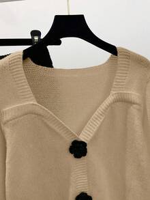 Franclia 2pcs Tea-Colored Outfit, Sweet Cropped Square Collar Knit Sweater & Wide Leg Knit Pants Set, Autumn - Khaki - View 5
