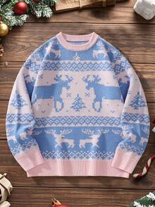 Manfinity Homme Men's Christmas Reindeer Pattern Crew Neck Long Sleeve Casual Sweater, Autumn/Winter - Pink - View 6
