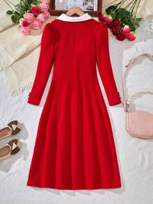 Gaun Remaja Perempuan Bergaya Retro Feminin dengan Kerah Kontras Mutiara dan Hiasan Pita, Lengan Gigot, Pinggang Diikat, dan Hem Mengembang. - Merah - View 2