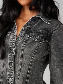 MISSGUIDED Vintage Grey Denim Jacket With Peplum Hem Button Front Collar Classic Fall Outerwear - Grey - View 5