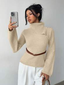 Elenzga Khaki Elegant Flared Sleeve Niche Design Collar, Paired With Brown Metal Fashionable Belt, Women Sweater For Autumn/Winter - Khaki - View 6
