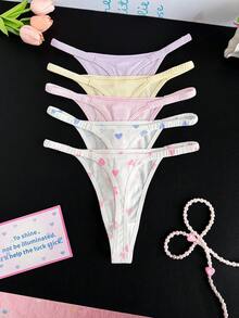 PetitDoll 5pcs/Pack Women's Sexy Thong Panties, Sweet Ribbed Design - Multicolor - View 2