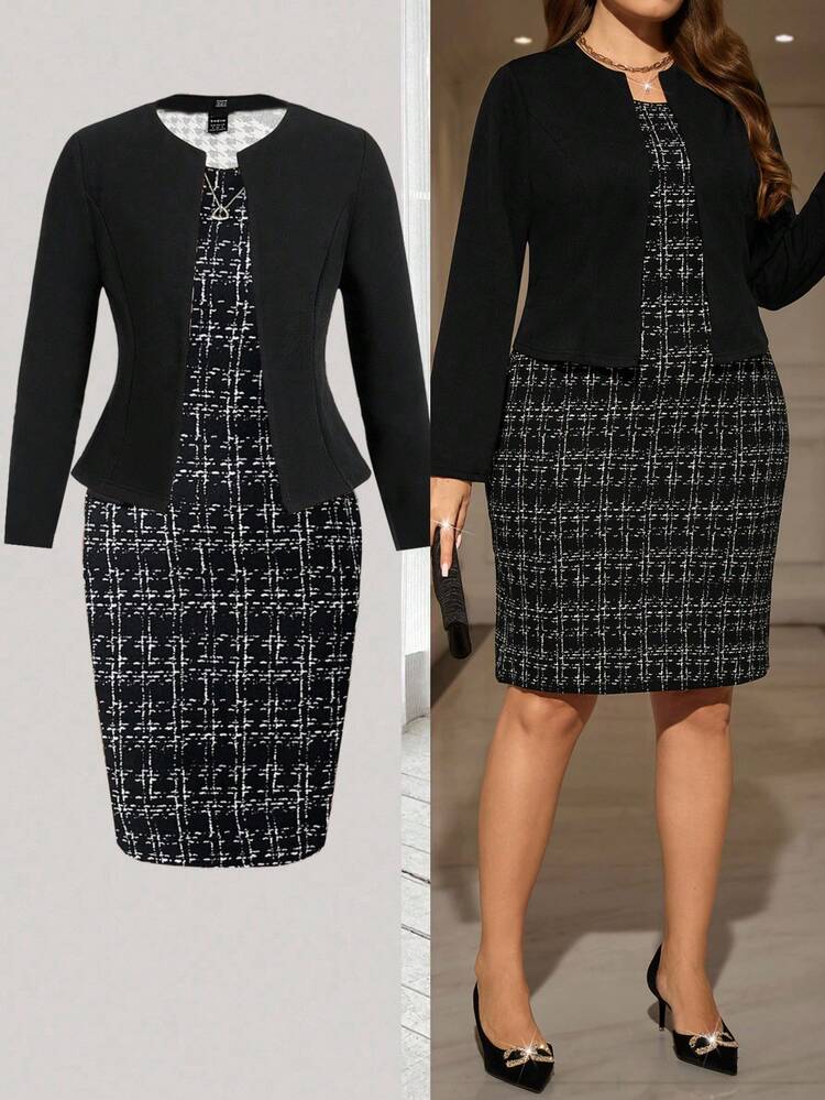 Plus Size Women's Knit 2 Pieces Set, Jacket + Gingham Print Pinafore Dress, Christmas Party, Ladies Business Suit, Elegant For Set Party, Autumn/Winter,2025 New, Thanksgiving, Thanksgiving Outfit For Women, Clothes For New Year Christmas Clothes Elegant Dress Women Winter Clothes For Women Cozy Fall And Winter Clothes For Women Christmas Pajamas Christmas Clothes New Year Clothes Winter Clothes For Women