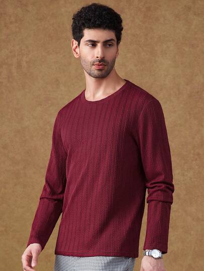 Core Aspect 男士圆领长袖T恤，针织钩编面料，纯色T恤，质感T恤，休闲男士T恤，适合日常外出、都市休闲、朋友聚会、周末休闲穿着，是送给男友或丈夫的绝佳礼物，INS热销T恤