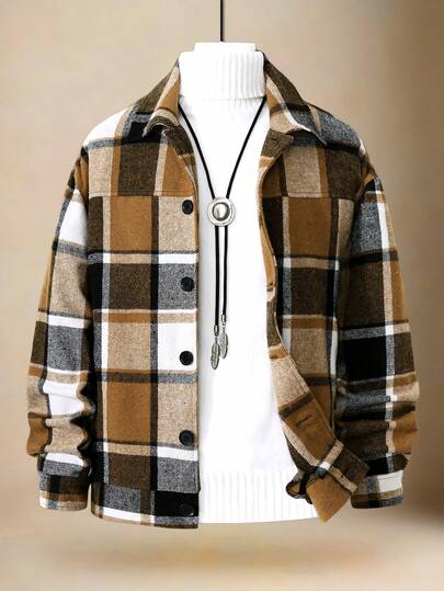 Manfinity Homme 1pc Plus Size Men's Long Sleeve Plaid Overcoat, Casual Everyday Design With Black Button Decor, Functional Pockets, Slim Fit Comfortable Silhouette, Versatile For Commute, Travel, Gift For Husband/Boyfriend, Unisex Couple Matching Vintage Overcoat Men Fall For Men Plaid Overcoat Men
