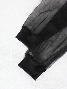 Sparklyn Girls' Pearl Decor Mesh Sleeve Shirt Collar Dress, Suitable For Vacation, Elegant Gala, Back To School Or Halloween - Black - View 9