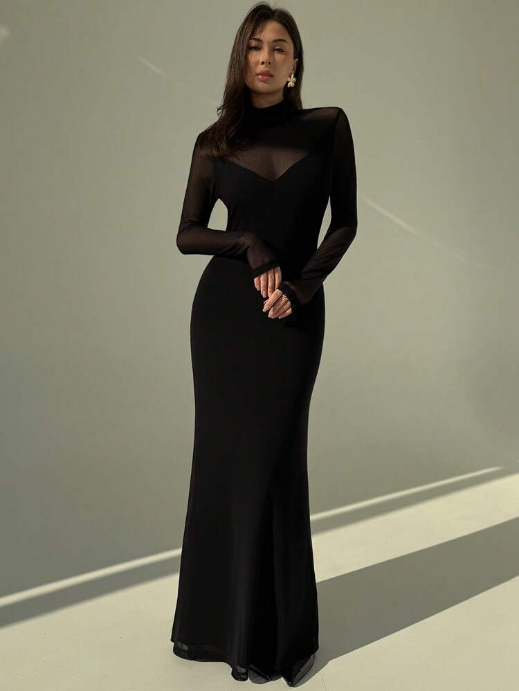 nera black mesh high neck bodycon dress High Neck Mesh Overlay Maxi Dress In Black | EGO US