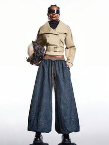 LYSMO 2026 New Arrive Minimalism Spring/Summer  Women's Drawstring Waist Pocket Plaid Wide Leg Loose Casual Pants - Multicolor - View 5